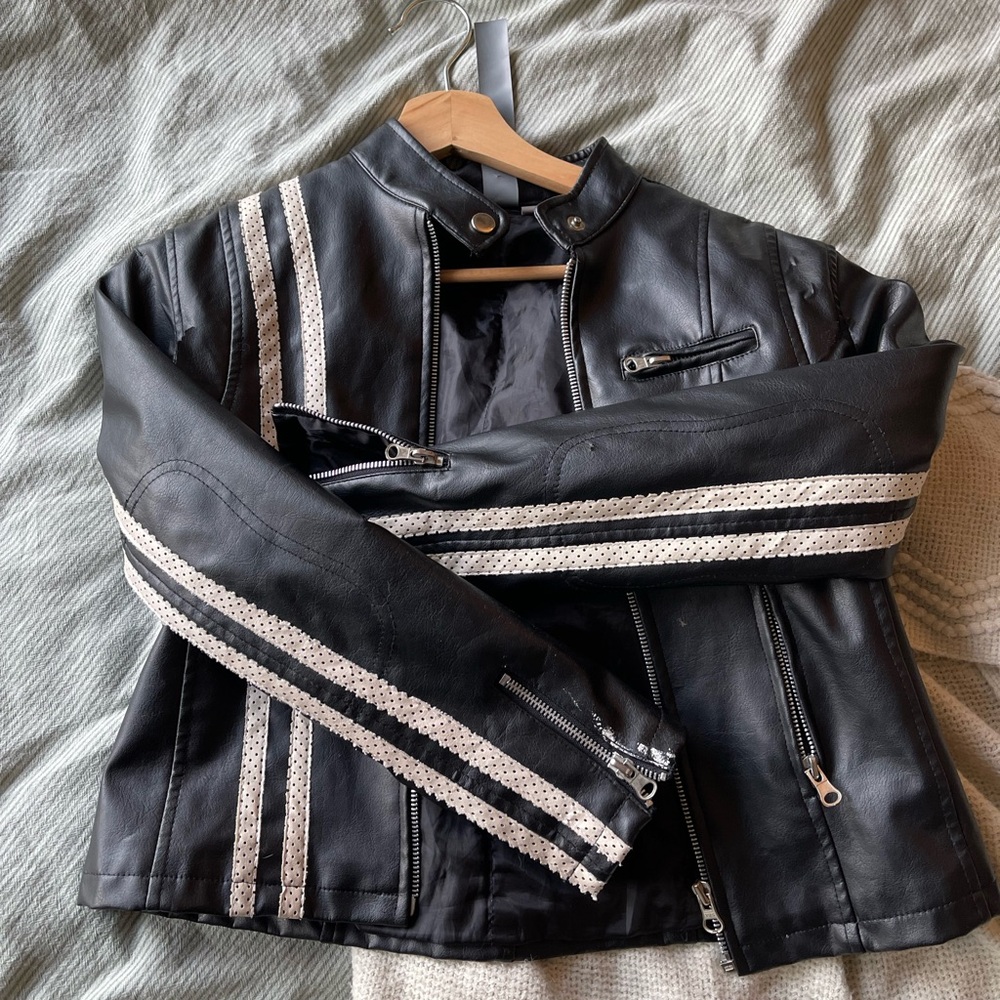 ROXY Black Leather Jacket with White Stripes